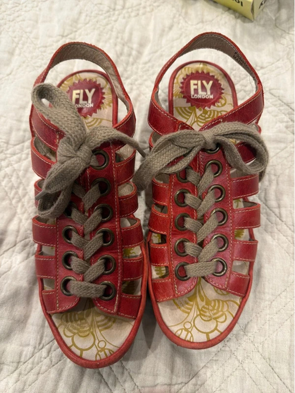 Fly London Women’s Red Leather Cage Sandals Lace Up Slingback Boho
